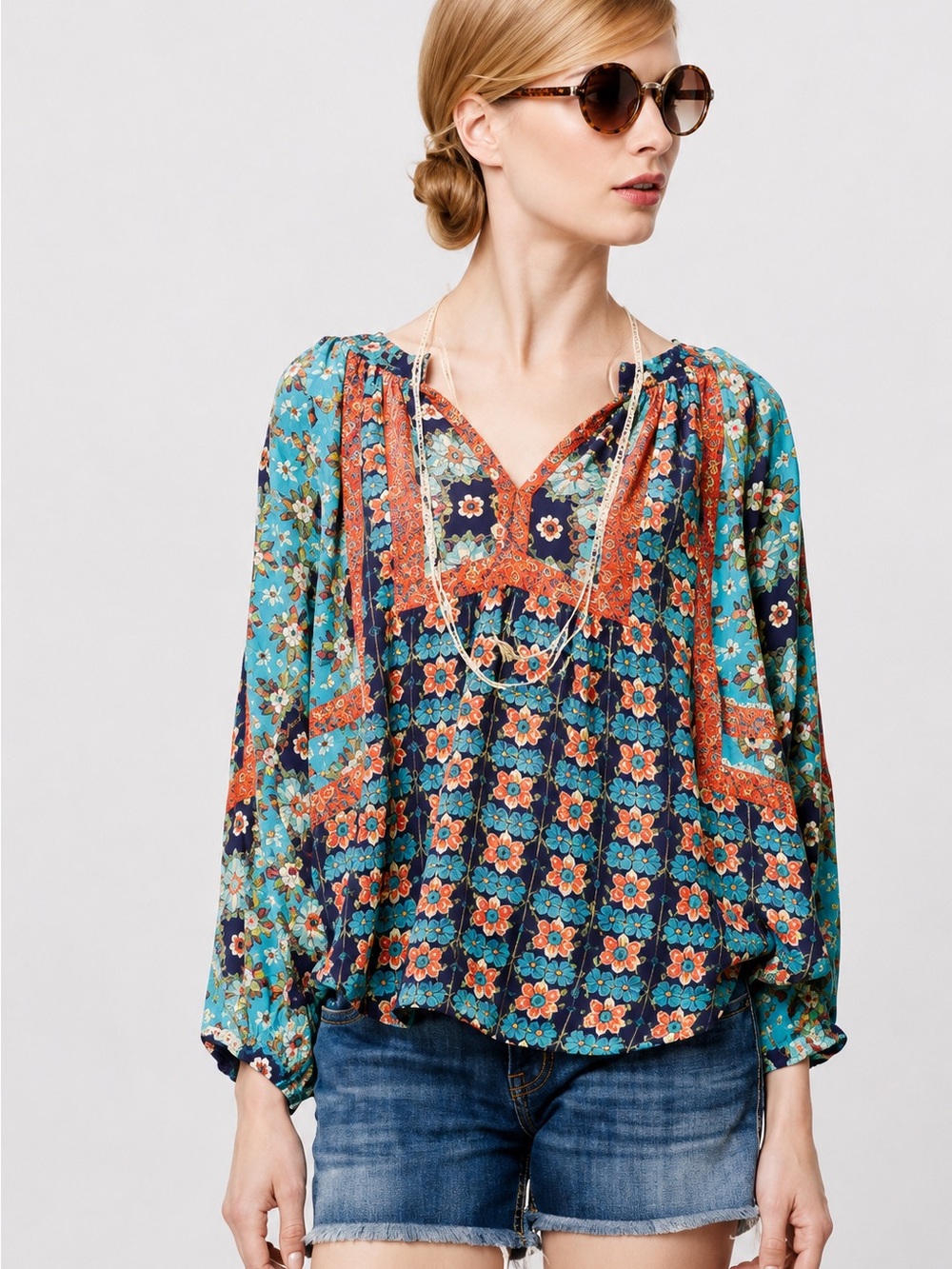 Tolani Turquoise Floral Print Silk Blouse-size M - Picture 1 of 10